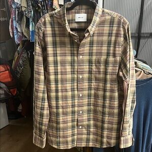 Men's Casual Plaid Button Down Shirt Tan Green and Mauve